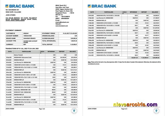 Bangladesh BRAC Bank account statement Word and PDF, 2 pages